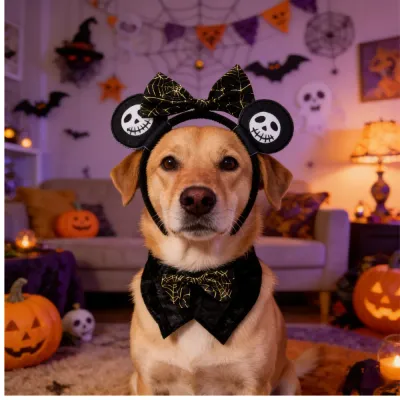 Halloween Dog Costume Set Spider Web Skull Design Details halloween pet costume set with spider web bow and skull headband detailed materials and features