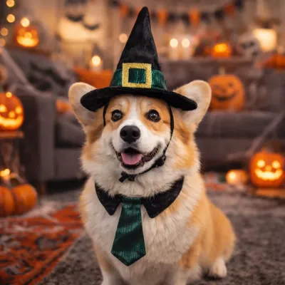 cute dog wearing halloween witch hat and collar tie in festive home decoration scene