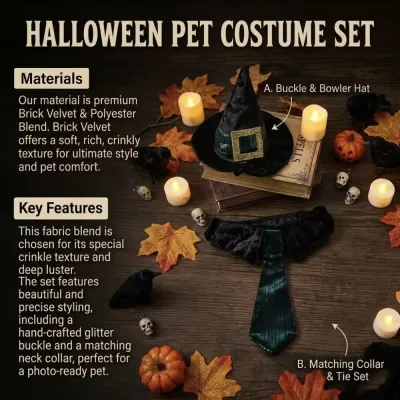 halloween dog costume set with velvet material and buckle hat feature details