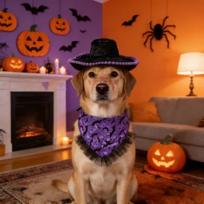 dog wearing halloween costume hat and bandana in pumpkin decorated home