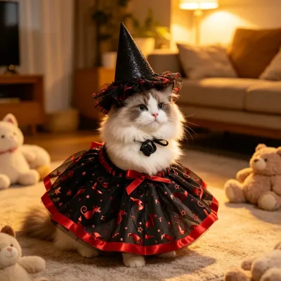 cat wearing halloween witch costume tutu hat indoor cozy home