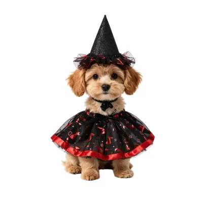 cute dog wearing halloween witch hat tutu costume black red outfit