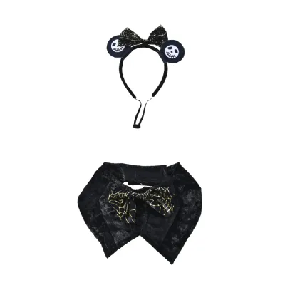 Halloween Dog Costume Set Skull Headband & Bow Collar black halloween dog costume set with skull headband and velvet bow collar for pets