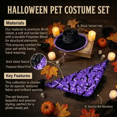 halloween dog costume velvet hat and bat bandana material features detail