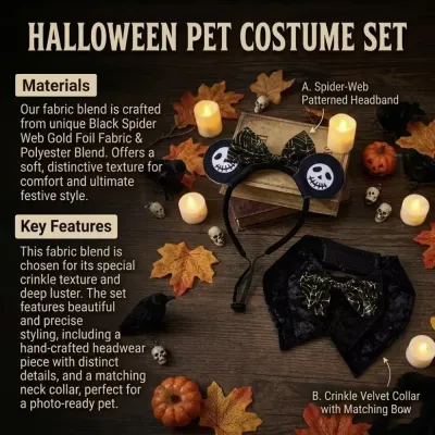 Halloween Dog Costume Set Spider Web Skull Design Details halloween pet costume set with spider web bow and skull headband detailed materials and features