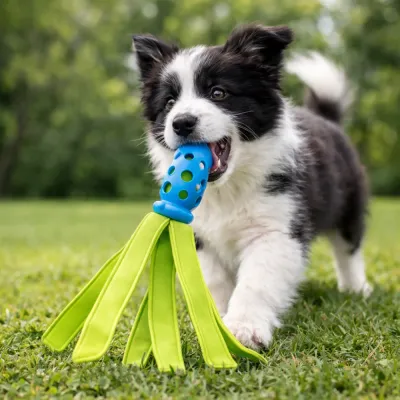 dog playing with interactive chew toy on grass outdoor fetch training durable dog toy