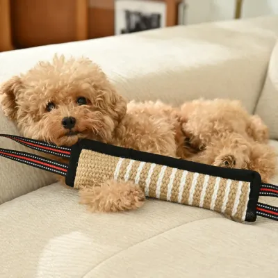 Interactive Dog Chew Toy for Home Play Durable Bite Tug | Petfairs small dog playing with durable chew toy on sofa interactive bite tug toy