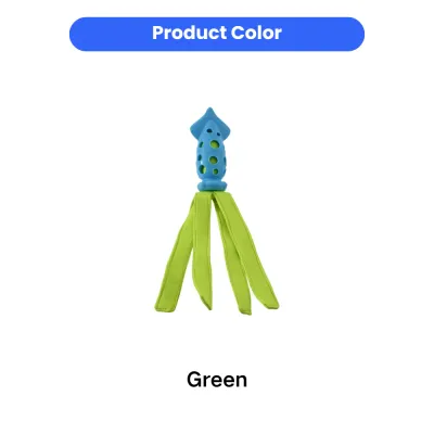 green interactive dog toy with fabric strips and rubber chew head wholesale dog toys bulk