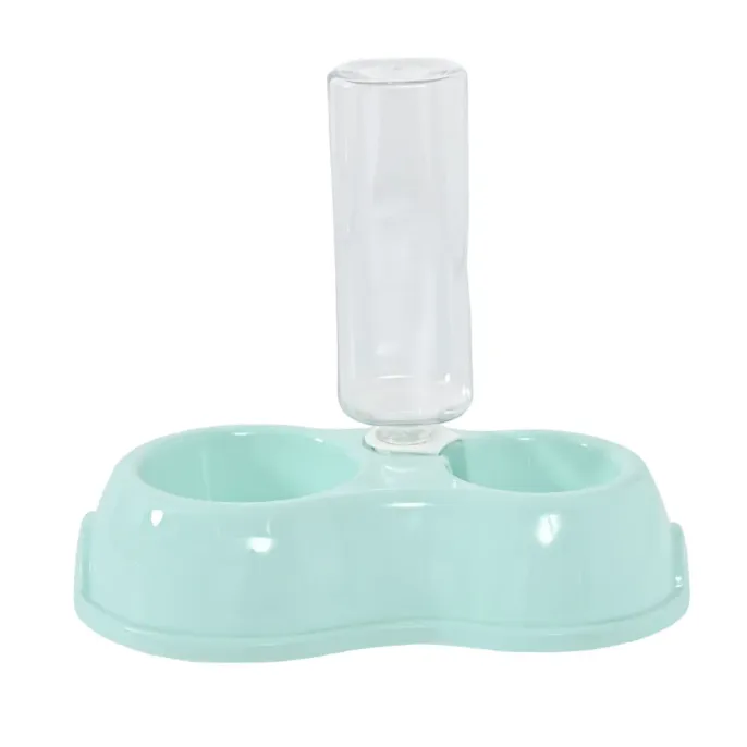 mint-blue-double-pet-feeding-bowl A light mint blue automatic pet waterer and food bowl set with a transparent reservoir.