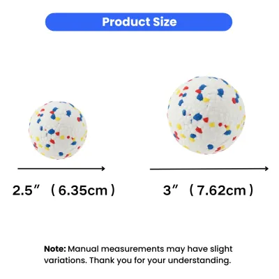 Size comparison chart showing two dog balls: one 2.5 inches (6.35cm) and one 3 inches (7.62cm) in diameter.