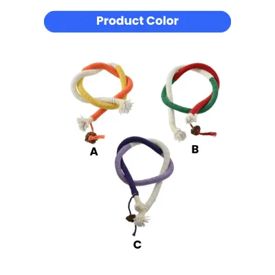 Three varieties of cat teething rope toys in orange-yellow, green-red, and purple-lavender color combinations labeled A, B, and C.