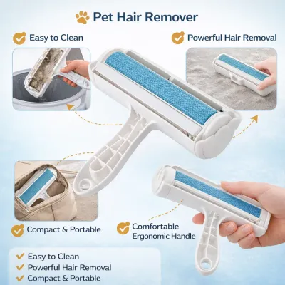pet-hair-remover-features-benefits Infographic highlighting features: Easy to clean, powerful hair removal, compact and portable, and ergonomic handle.