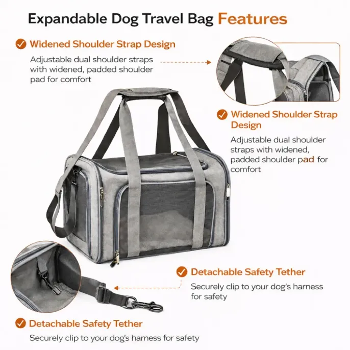 Expandable Dog Carrier Features Adjustable Strap Safety Tether dog carrier adjustable shoulder strap padded design safety tether clip feature
