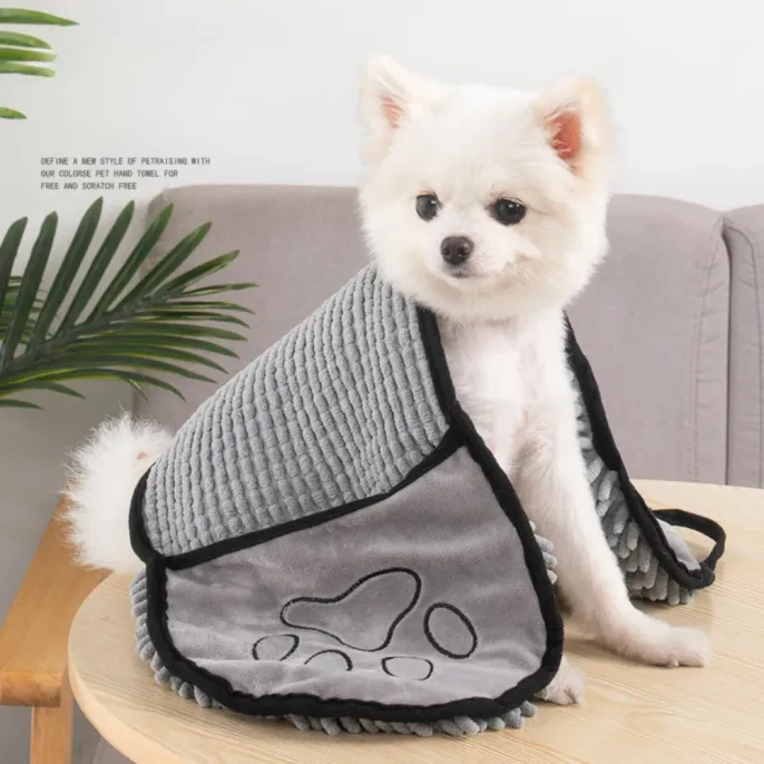 Soft Pet Bath Towel for Dogs Gentle Microfiber Grooming Towel small white dog wearing grey pet bath towel soft skin friendly grooming towel