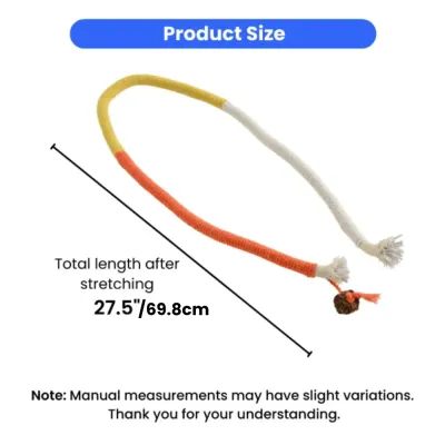Measurement diagram showing a stretched cat rope toy with a total length of 27.5 inches or 69.8 centimeters.