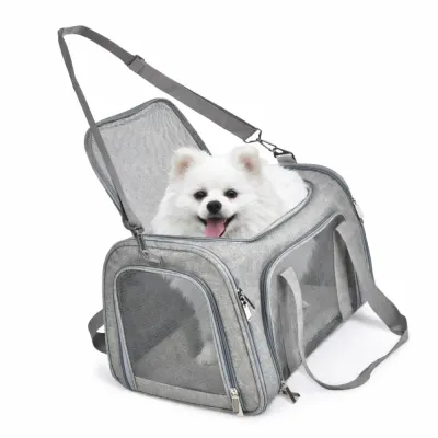 Soft Dog Carrier Bag with Mesh Windows for Travel | Petfairs soft dog carrier bag with breathable mesh windows portable pet travel bag grey