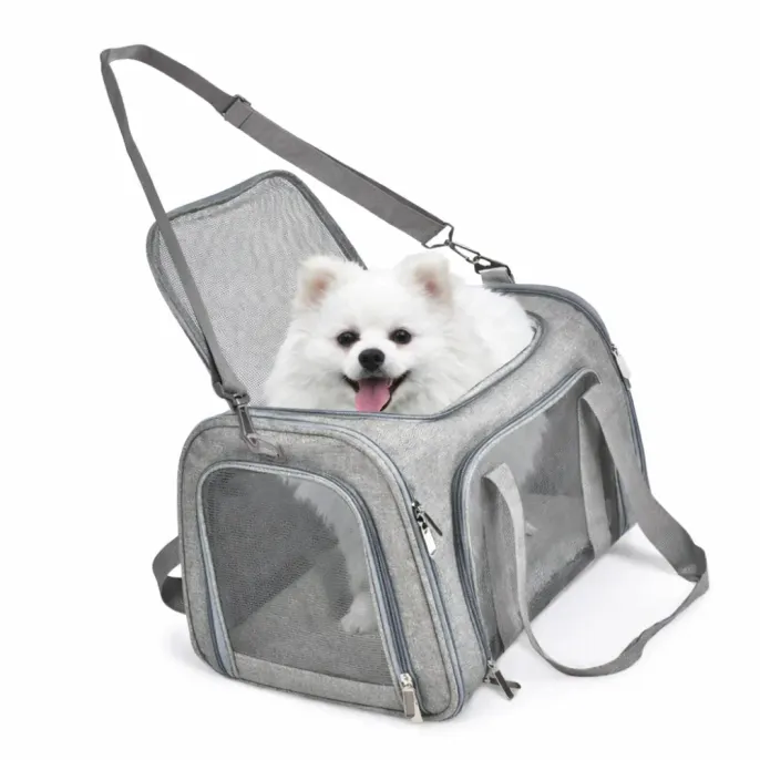 Soft Dog Carrier Bag with Mesh Windows for Travel | Petfairs soft dog carrier bag with breathable mesh windows portable pet travel bag grey