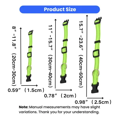 reflective-dog-collar-size-guide-measurements A detailed size chart for dog collars showing three different widths (0.59", 0.78", and 0.98") and adjustable neck lengths ranging from 8" to 23.6".