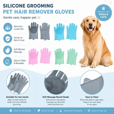 silicone-pet-grooming-gloves-features-infographic Infographic highlighting features of pet grooming gloves: removes loose hair, gentle on skin, soft silicone massage, and easy to clean.