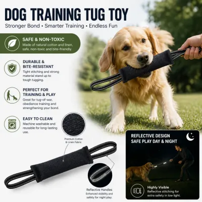 dog-tug-toy-features-and-benefits Infographic showing the dog tug toy is safe, non-toxic, durable, easy to clean, and has reflective handles for night play.