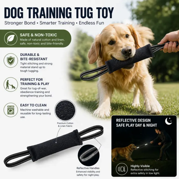 dog-tug-toy-features-and-benefits Infographic showing the dog tug toy is safe, non-toxic, durable, easy to clean, and has reflective handles for night play.