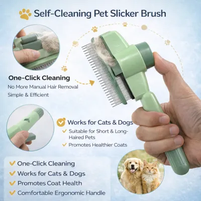 Infographic highlighting features: One-click cleaning, suitable for cats and dogs, promotes coat health, and ergonomic handle.