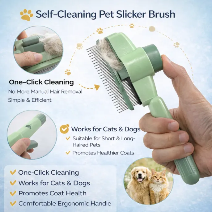 Self-Cleaning-Pet-Brush-Features-Benefits Infographic highlighting features: One-click cleaning, suitable for cats and dogs, promotes coat health, and ergonomic handle.