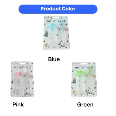 pet nursing bottle set blue pink green color options with cleaning brush