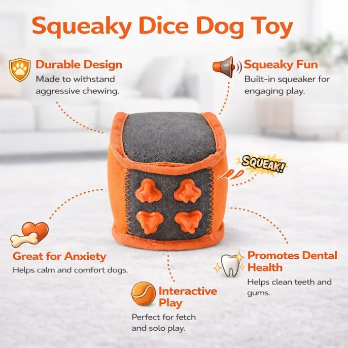 Infographic showing benefits of the dog toy: Durable design, squeaky fun, promotes dental health, and great for anxiety.