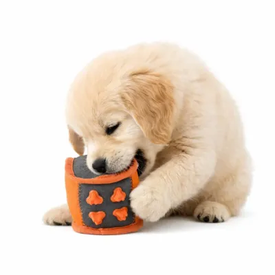 golden-retriever-puppy-chewing-squeaky-dice-toy A Golden Retriever puppy happily chewing on a durable orange and grey squeaky dice dog toy.