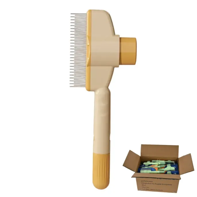 Orange-Pet-Grooming-Brush-Bulk-Supply A pastel orange pet slicker brush displayed with a cardboard box containing multiple units for retail or distribution.