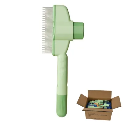 A mint green self-cleaning pet brush shown next to a shipping box filled with wholesale pet supplies.