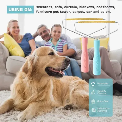 multi-surface-pet-hair-remover-application A golden retriever sitting on a carpet near a family, illustrating the tool's use on sofas, curtains, and blankets.