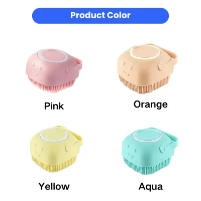 Grid display of the silicone pet bath brush in four colors: Pink, Orange, Yellow, and Aqua.