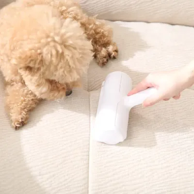 pet-hair-remover-roller-cleaning-sofa A person using a white pet hair remover roller to clean dog fur off a beige textured sofa next to a curly-haired dog.