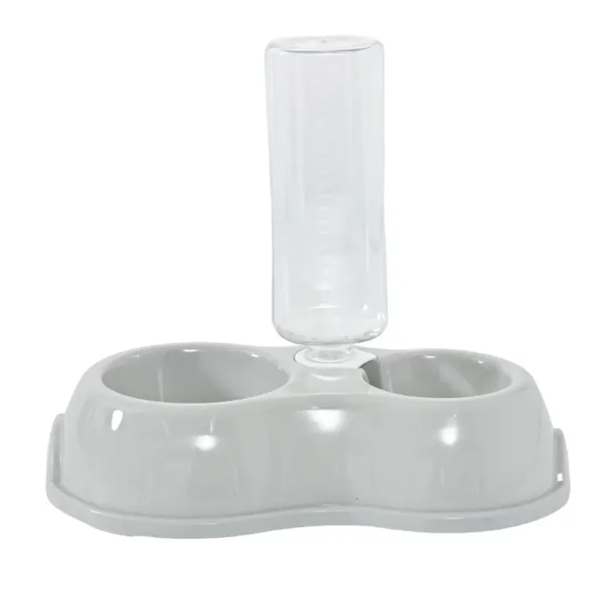 grey-automatic-pet-water-dispenser-bowl A sleek grey double cat bowl with a gravity water bottle, ideal for minimalist home styles.