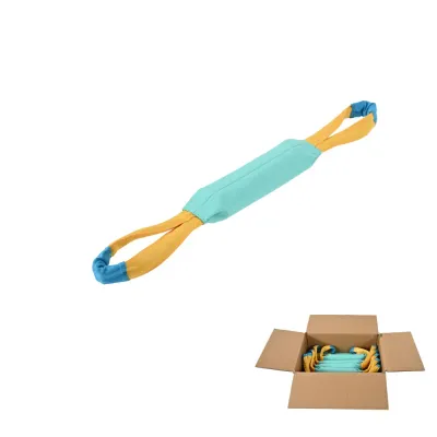 Wholesale-Dog-Toys-Bulk-Packaging Multiple blue and yellow dog tug toys packed in a cardboard shipping box for wholesale distribution.