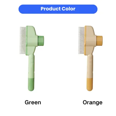 Side-by-side view of the self-cleaning pet brush available in two colors: Mint Green and Pastel Orange.