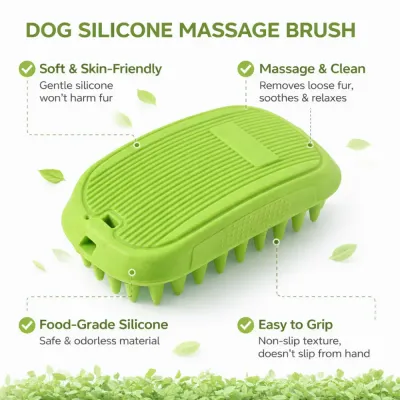 Infographic showing features: soft and skin-friendly, food-grade silicone, massage and clean, and easy to grip.