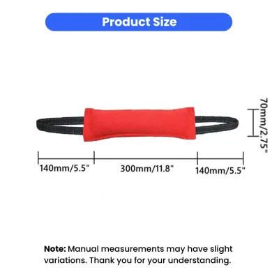 dog-training-tug-toy-size-chart Detailed size chart for the dog tug toy showing a 300mm body length and two 140mm reflective handles.