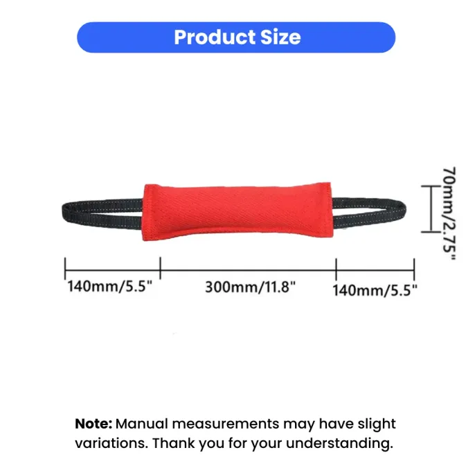 dog-training-tug-toy-size-chart Detailed size chart for the dog tug toy showing a 300mm body length and two 140mm reflective handles.