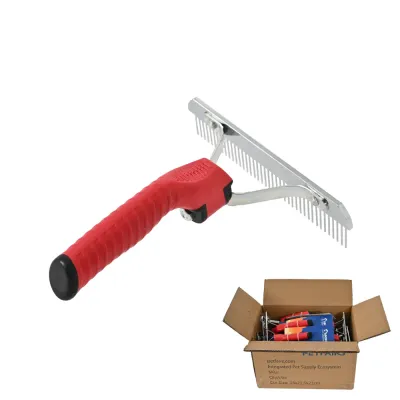 wholesale-pet-grooming-rake-packaging The red pet grooming rake shown next to a cardboard shipping box filled with individual units.