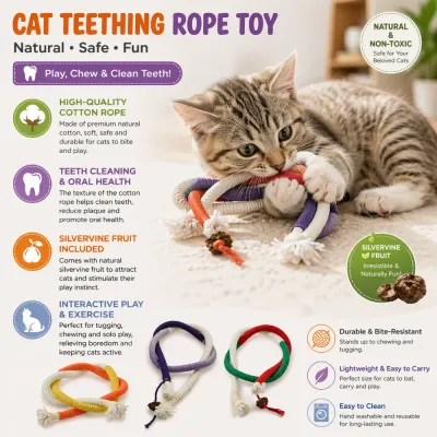 Comprehensive infographic highlighting cat toy features: high-quality cotton, dental cleaning, silvervine fruit, and interactive play.