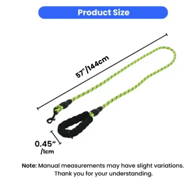 5ft Reflective Dog Leash Dimensions Green reflective dog leash showing 57 inch (144cm) length and 0.45 inch (1cm) diameter.