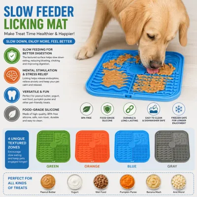 Slow Feeder Licking Mat for Dogs - Benefits and Use Case A golden retriever dog is shown actively using a blue silicone dog licking mat filled with a light orange spread, likely peanut butter.