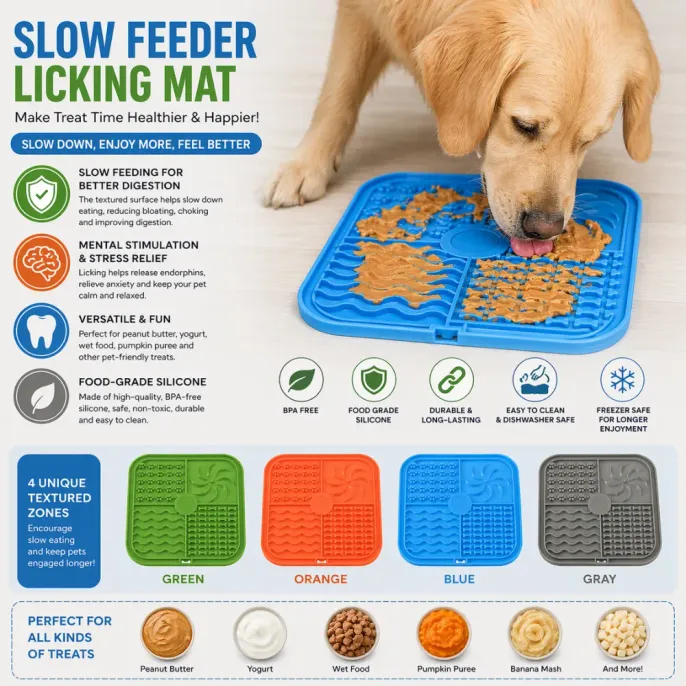 A golden retriever dog is shown actively using a blue silicone dog licking mat filled with a light orange spread, likely peanut butter.