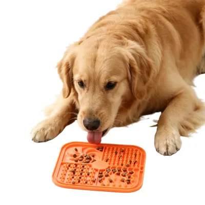 Multi-Color Silicone Dog Licking Mat - Green, Orange, Blue, Grey Four different colored square silicone licking mats for dogs (green, orange, blue, grey) are arranged in a 2x2 grid on a white background with a blue label titled "Product Color".