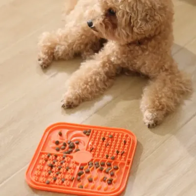 Calming Licking Mat for Dogs with Kibble Treats A small curly-haired dog lies comfortably on a light brown wood grain floor, looking towards the right side of the frame. In front of the dog is an orange square silicone licking mat with four distinct texturized zones.