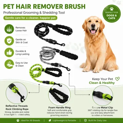 Heavy Duty Dog Leash Features Guide Infographic showing leash features: reflective threads, foam handle, and secure metal clip.