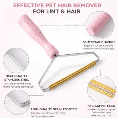 pet-hair-remover-material-features-breakdown Infographic highlighting the pure copper head, stainless steel frame, and ergonomic non-slip handle.
